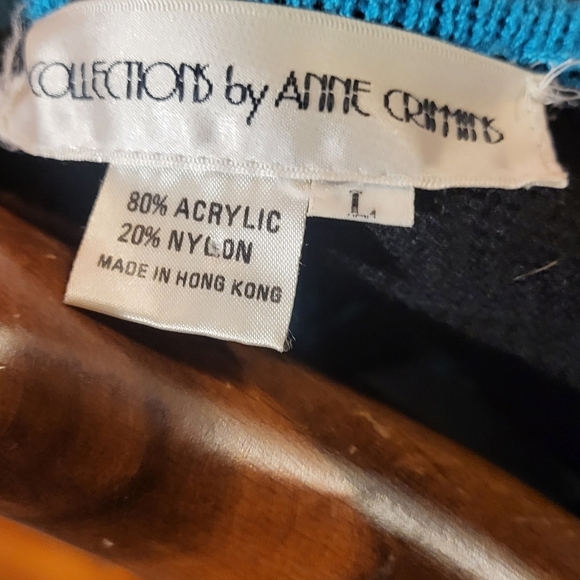 Vintage Anne Crimmins Embroidered  Black & Teal Blue Women's Sweater Sz Large - Picture 7 of 7